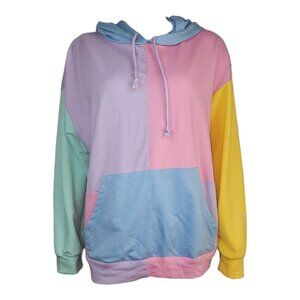 Shein Sweatshirt Womens Size XL Colorful Hooded Blue Pink Purple Pullover Comfy